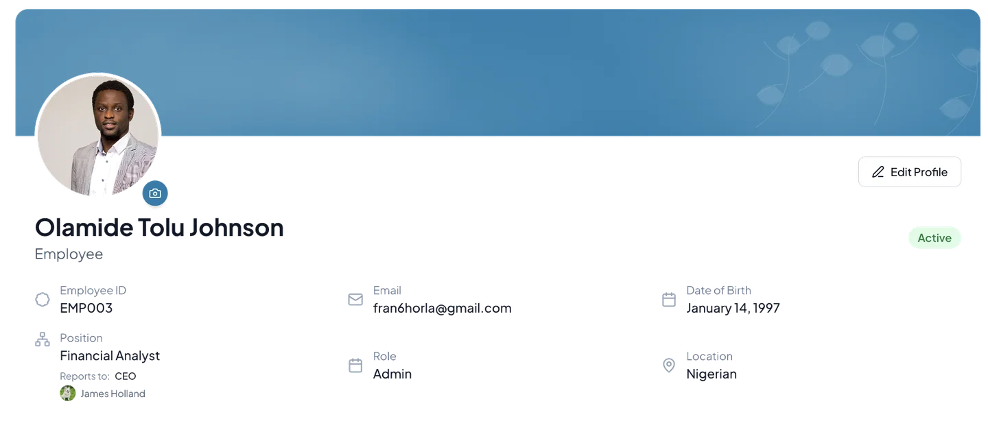 NexHRM employee profile showing personal details, position, role, reporting manager, and active status.