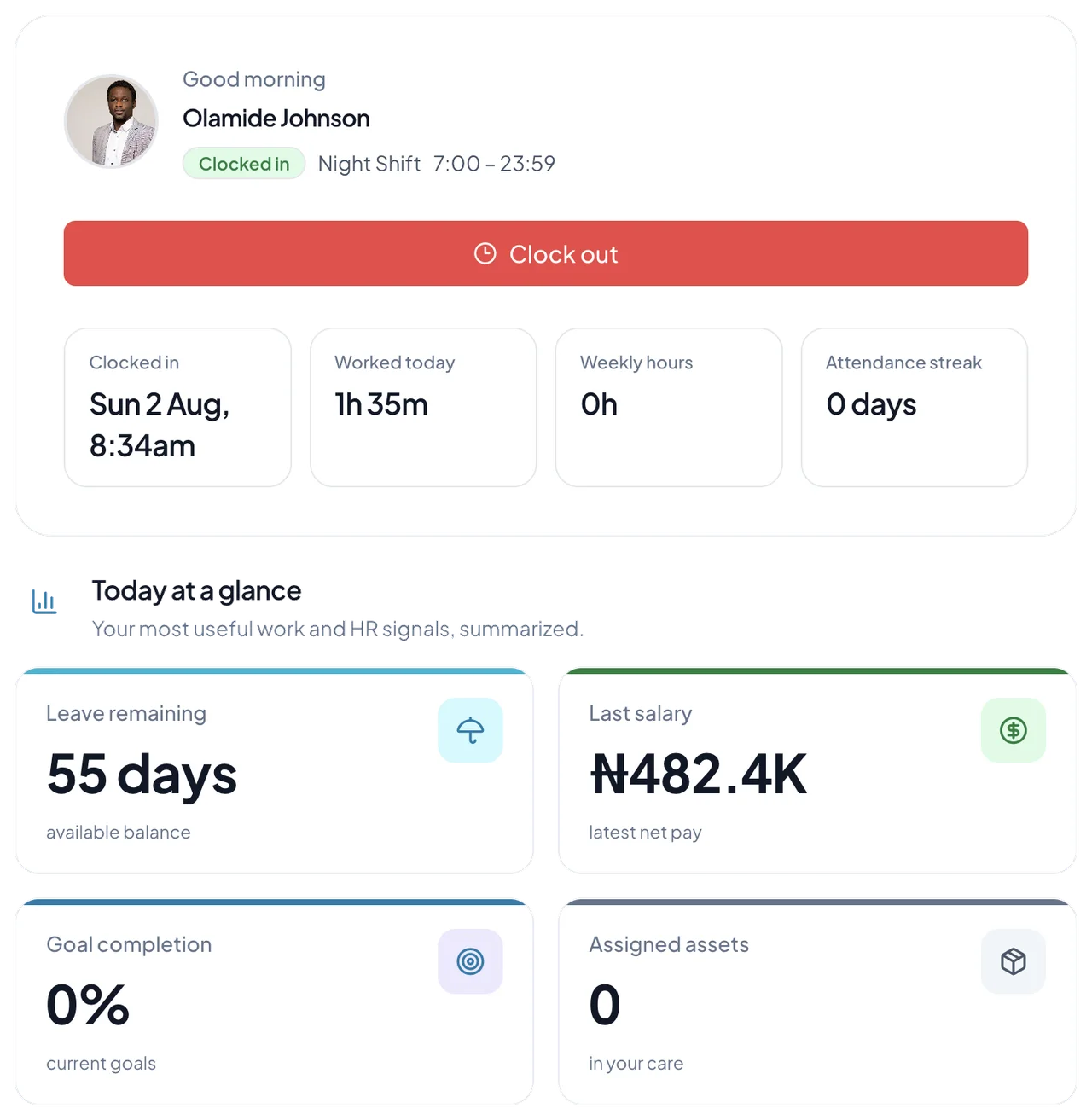 NexHRM employee self-service dashboard showing clocking status, leave remaining, salary, goals, and assigned assets.