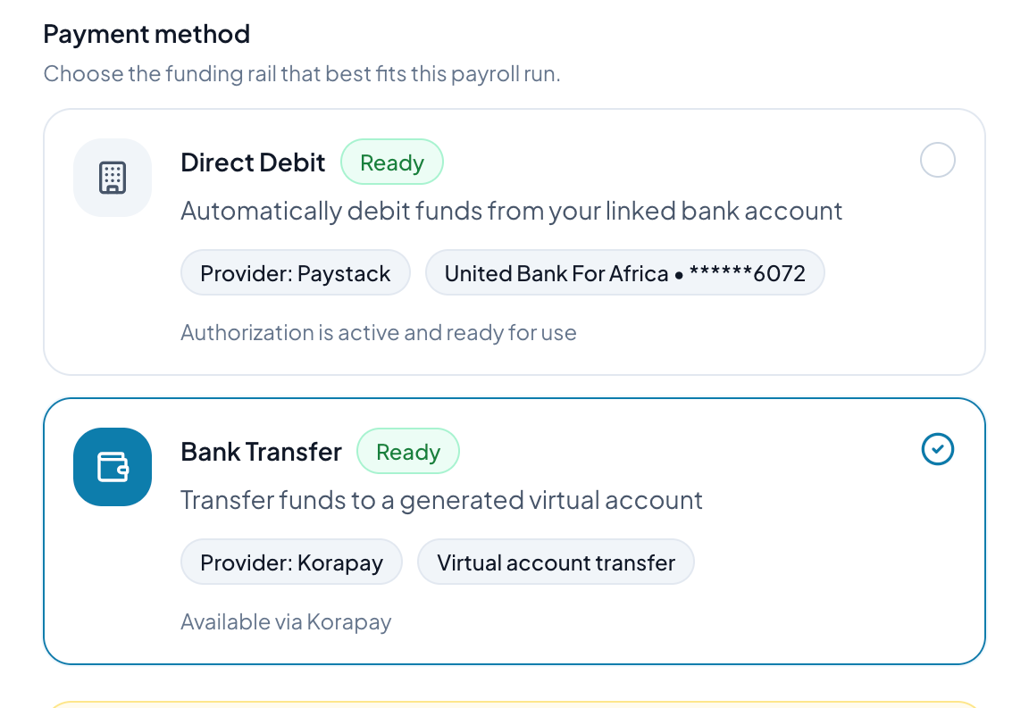 NexHRM payment method screen showing direct debit and bank transfer payroll funding options.