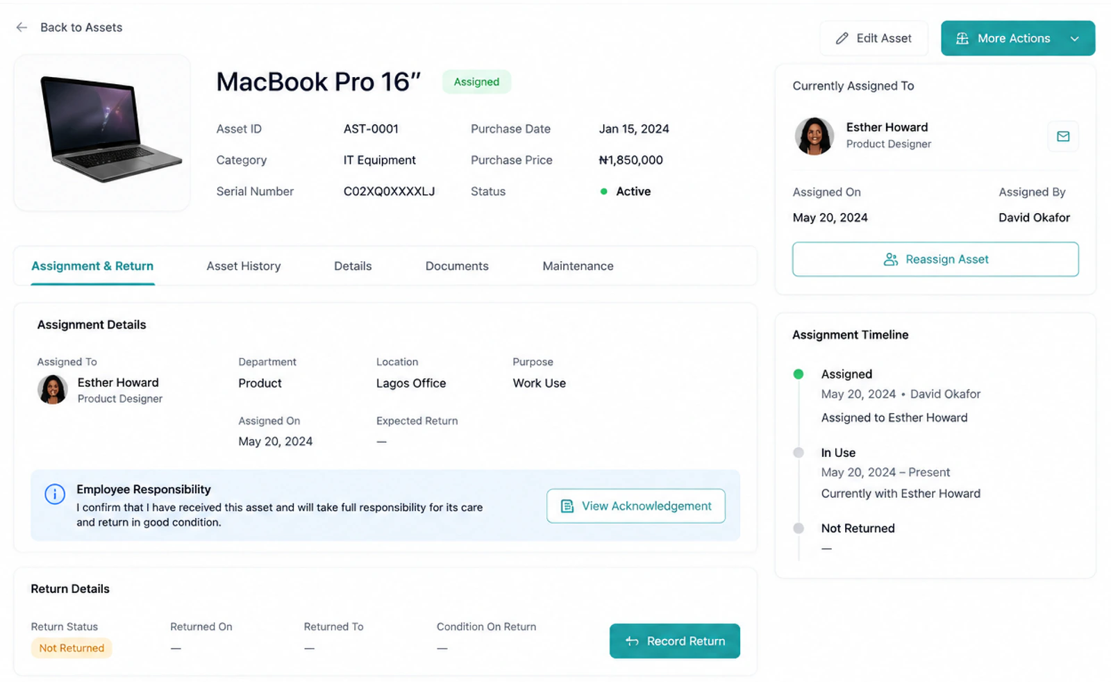 NexHRM asset detail showing assignment, return details, responsibility, and history for a MacBook Pro.