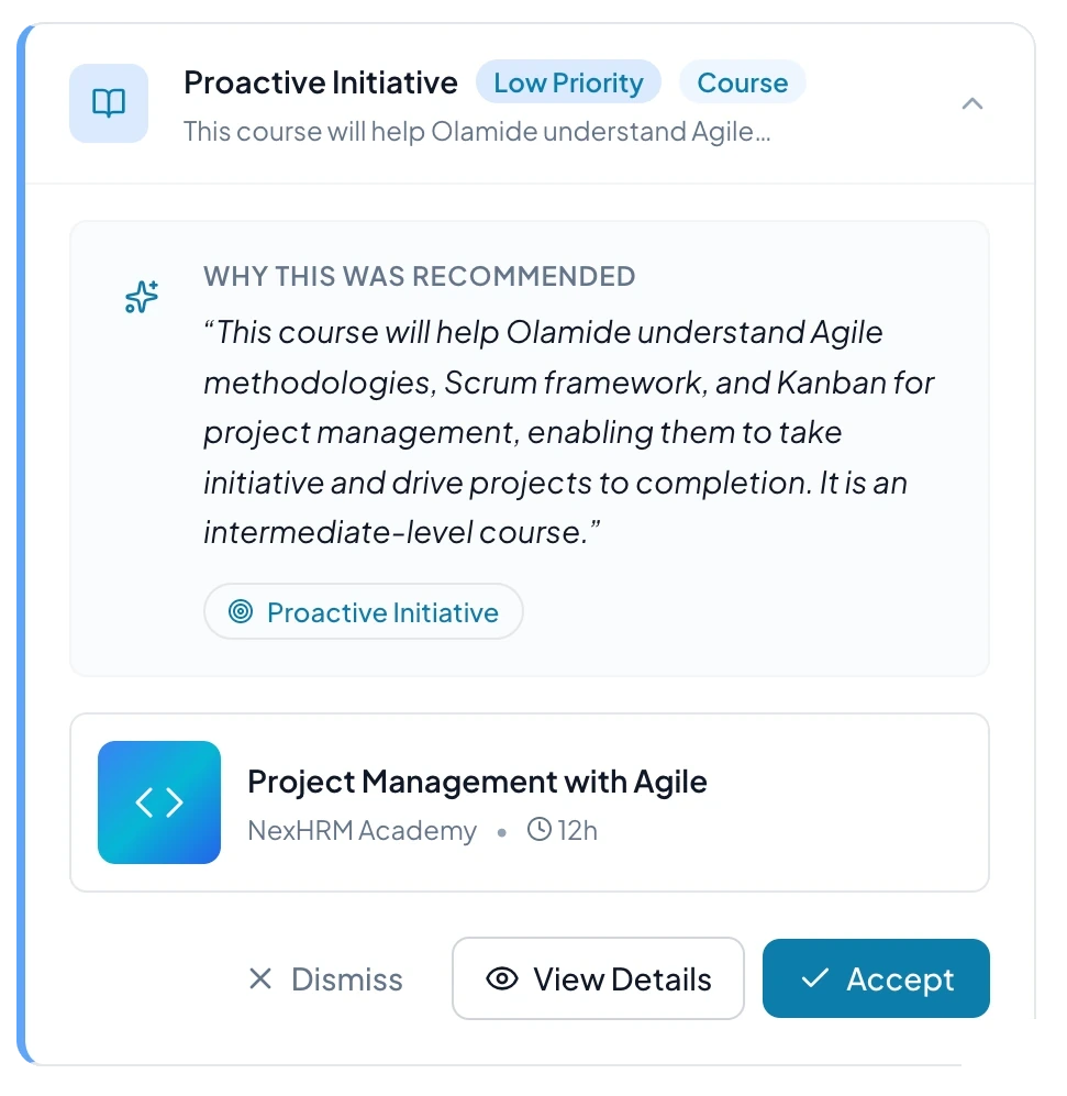 NexHRM course recommendation connecting a learning suggestion to an employee development goal.