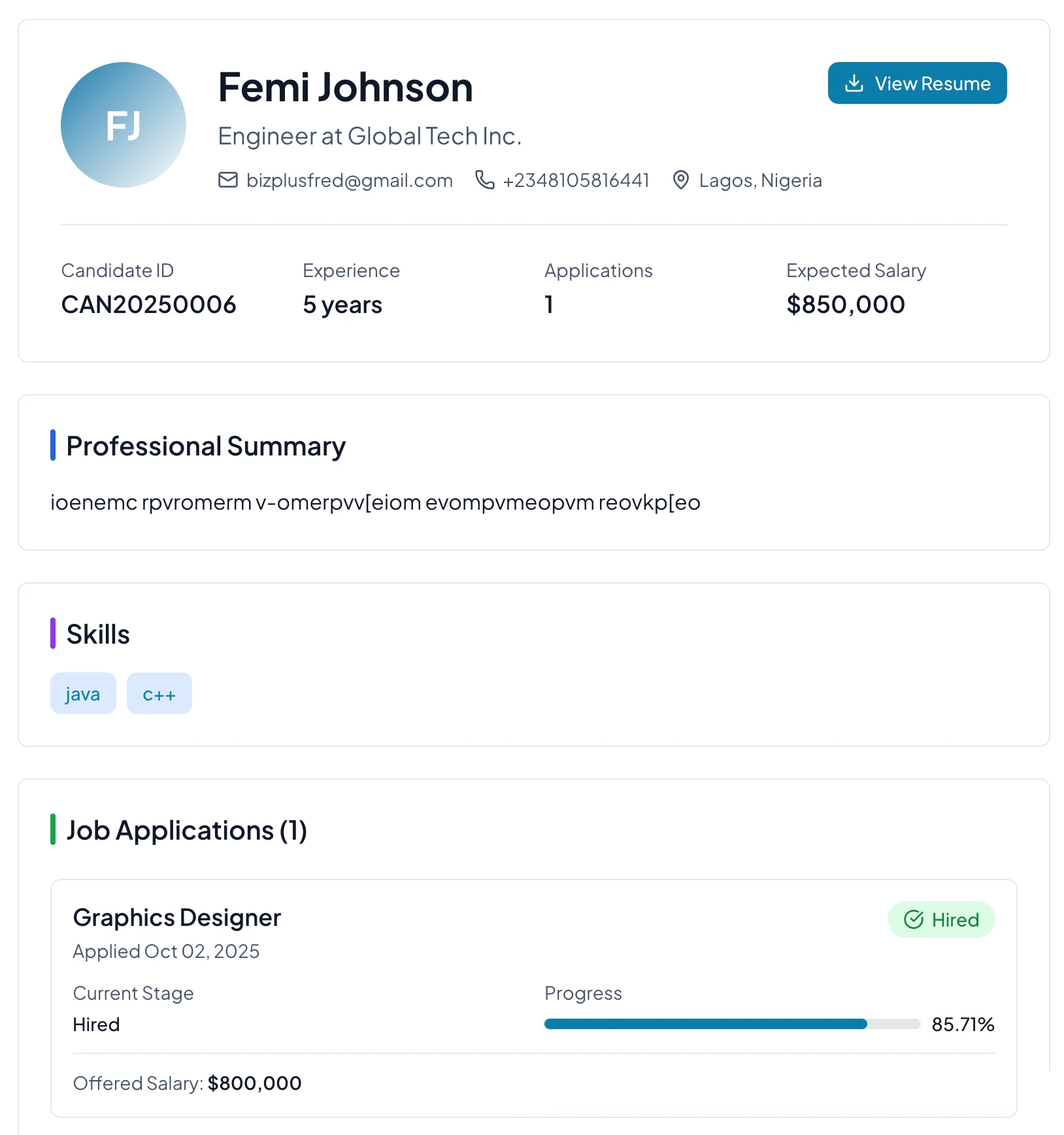 NexHRM candidate profile showing contact details, skills, and job application progress.